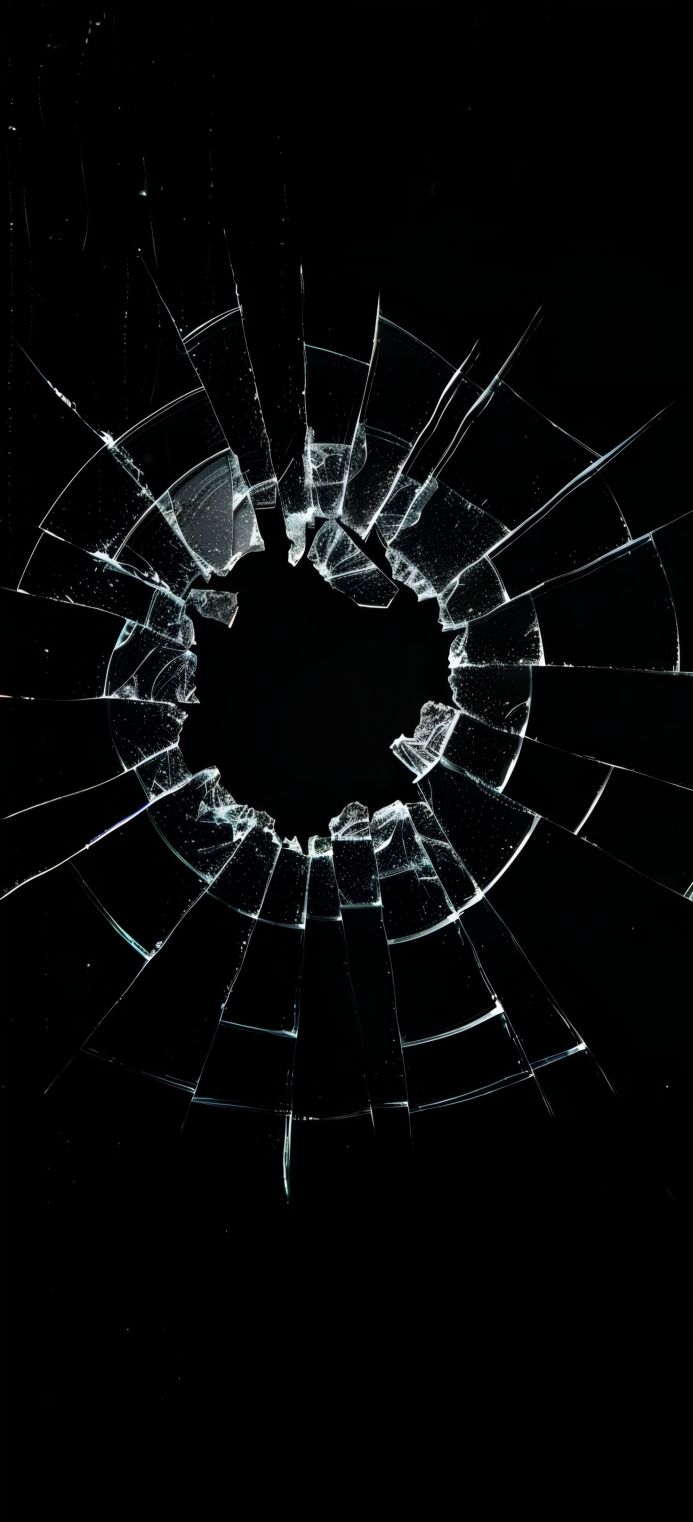 A close-up of shattered glass with a hole in the center against a black background