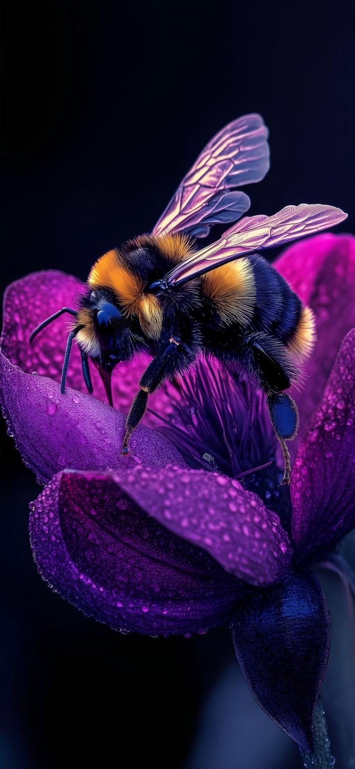 A bumblebee on a purple flower covered in water droplets