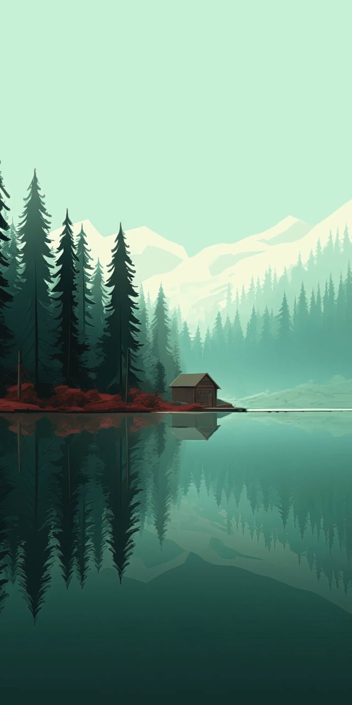 Cabin on a lake surrounded by a forest reflecting in the water with mountains in the background