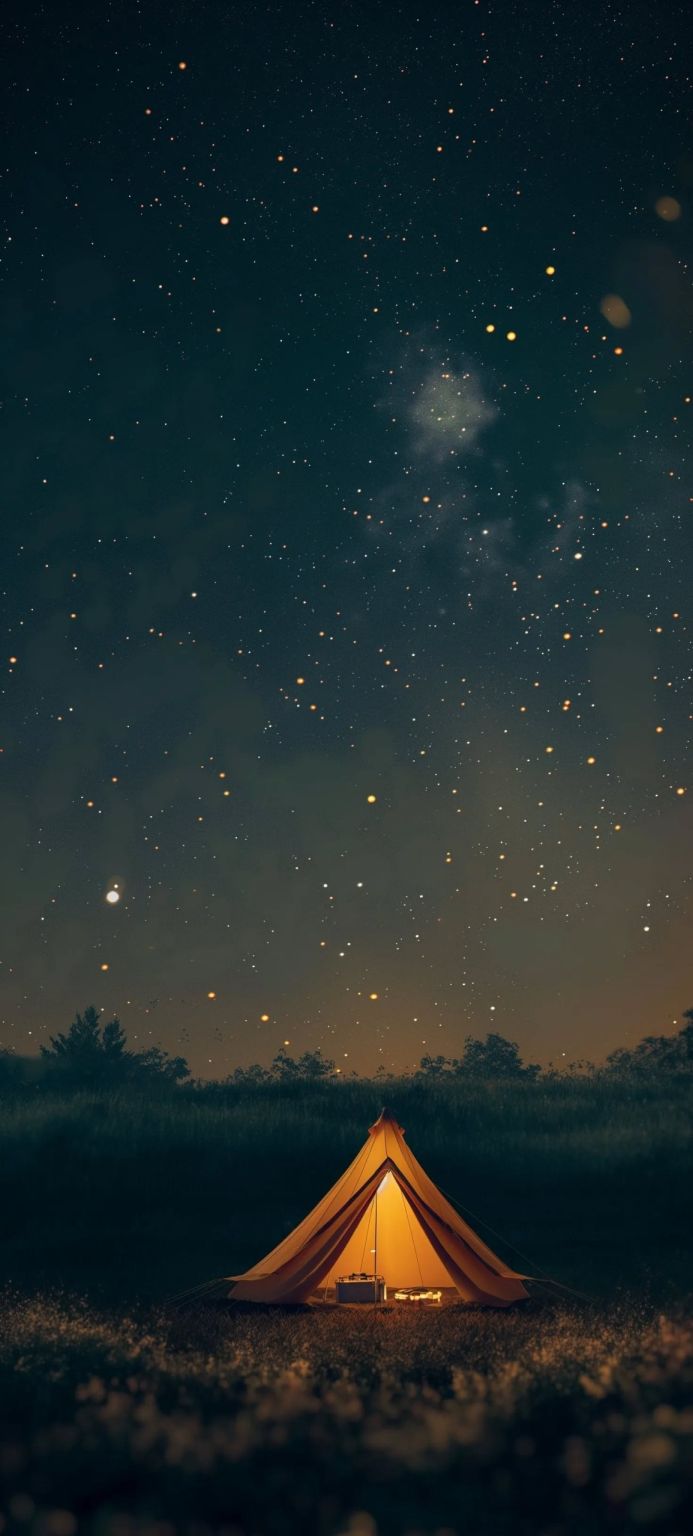Camping tent illuminated at night under a starry sky