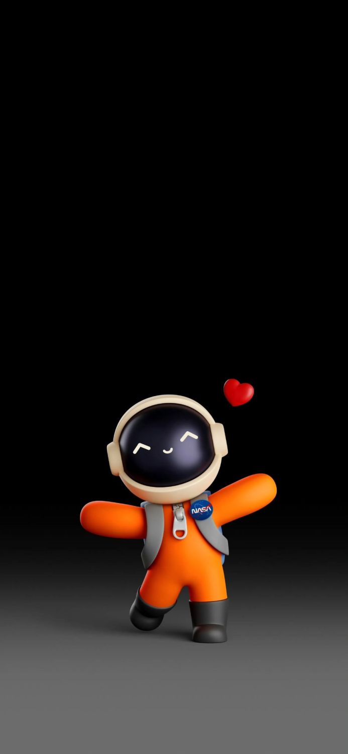 Cartoon astronaut character in orange suit with a red heart floating near its head