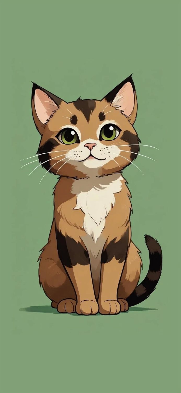 A cartoon cat with brown and black fur sits against a green background