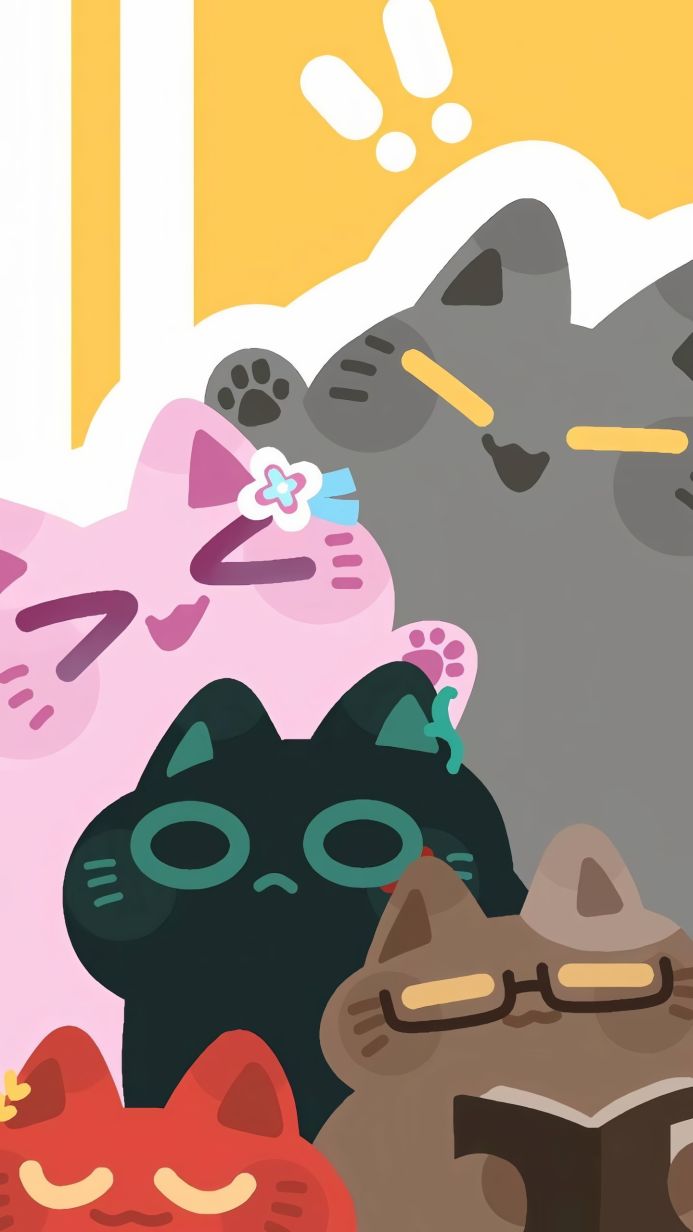 Cartoon illustration of a group of colorful cats in various poses
