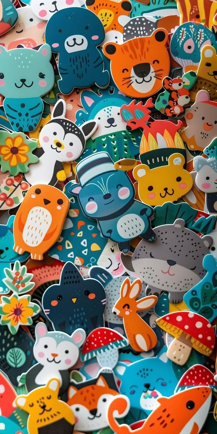 Many cartoon forest animals with bright colors