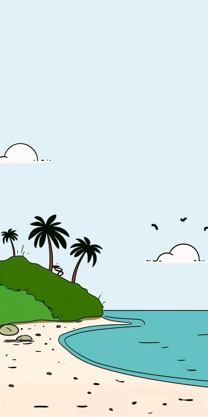 Cartoon style image of an island with palm trees and a sandy beach