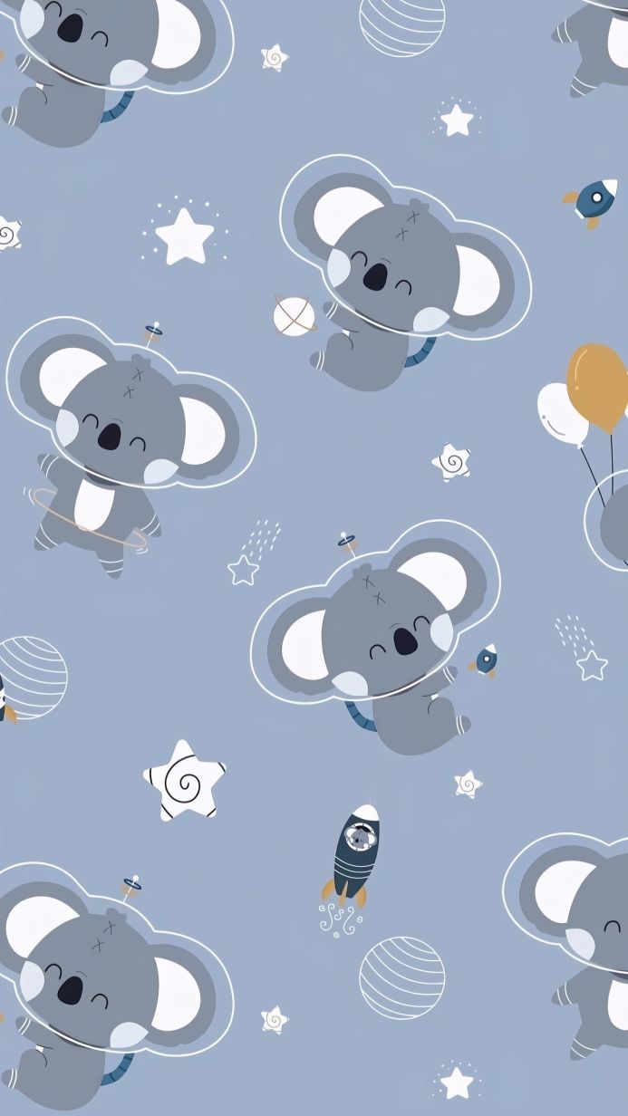 Cartoon koalas in space suits with rockets, planets, and stars on a blue background