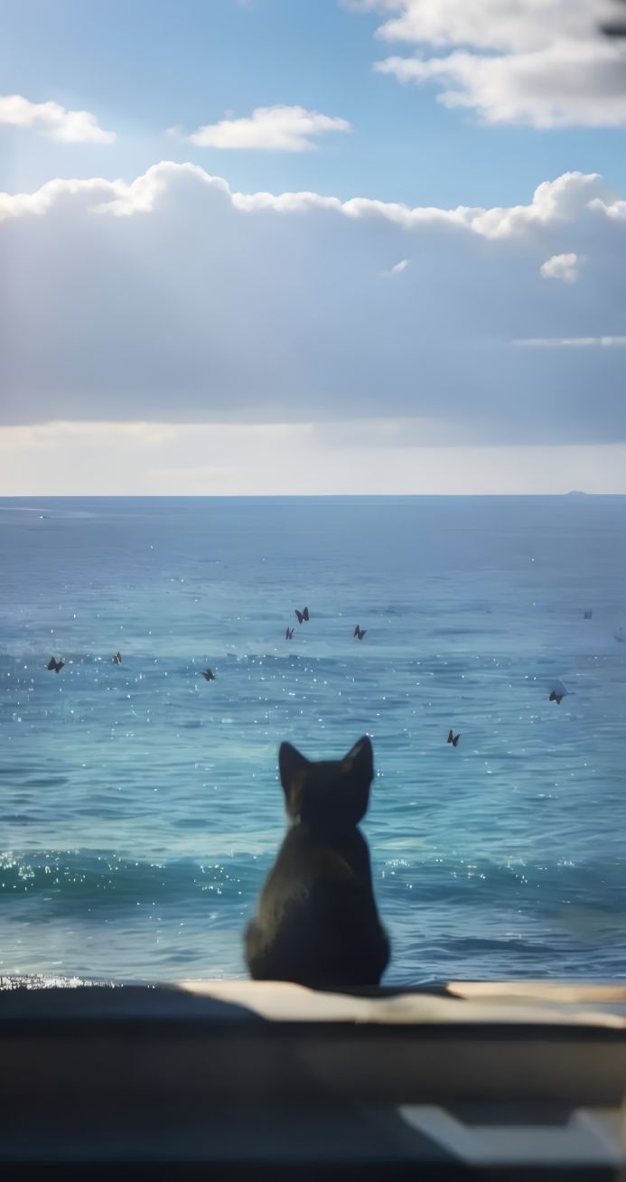 A cat is sitting and looking at the ocean and butterflies