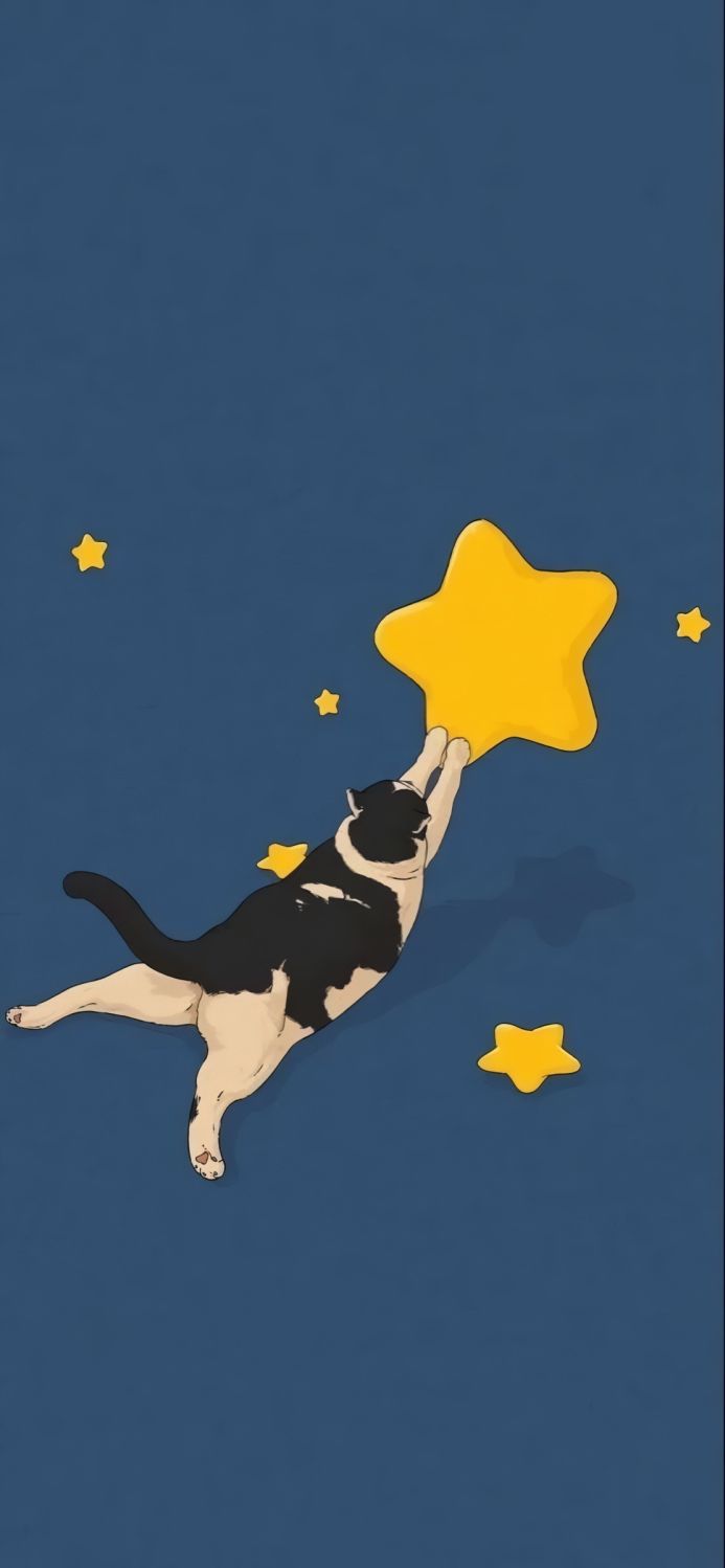 Illustration of a black and white cat reaching for a yellow star on a blue background