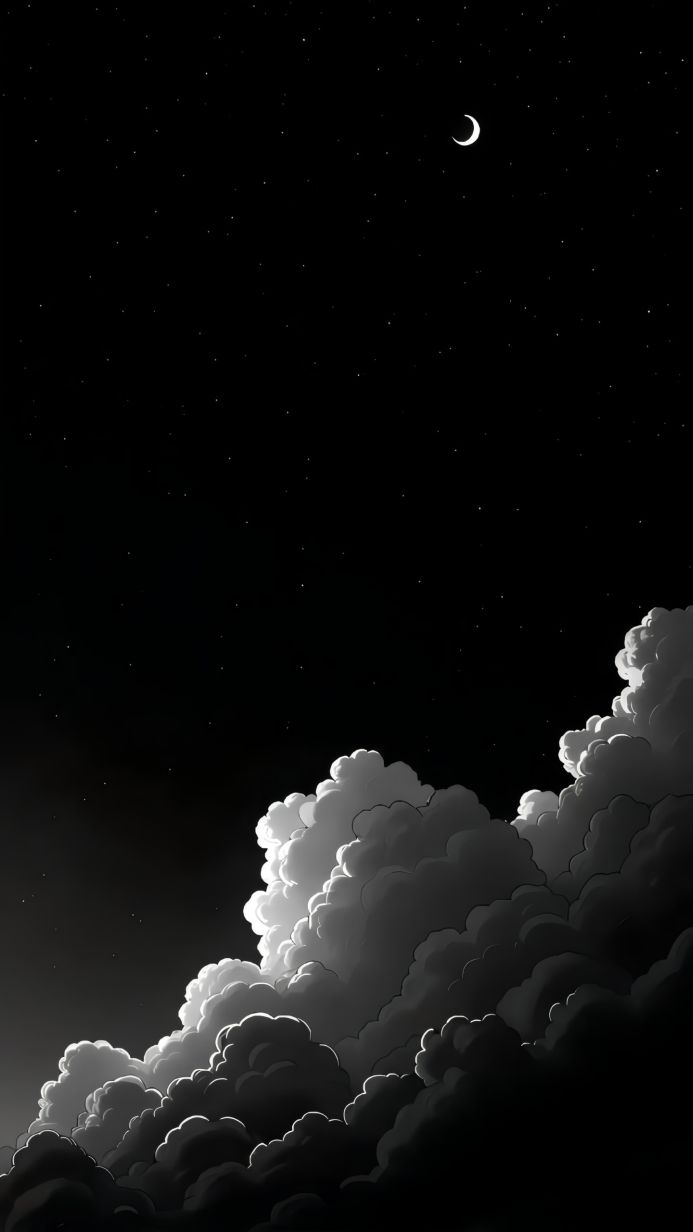 Illustration of white clouds under a crescent moon on a starry night