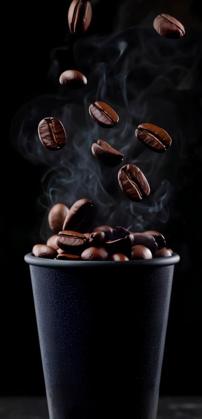 Coffee beans falling into a cup with visible steam