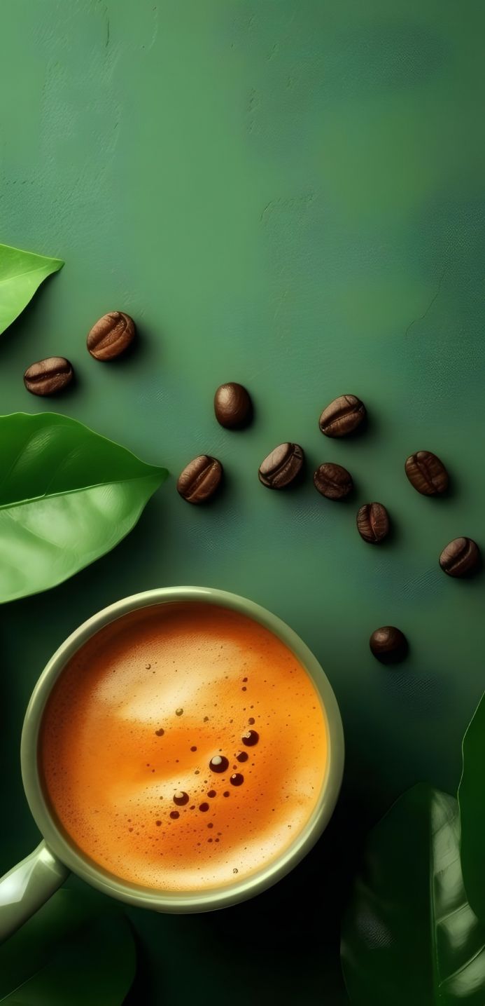 Overhead shot of coffee cup surrounded by coffee beans and green leaves on a green background