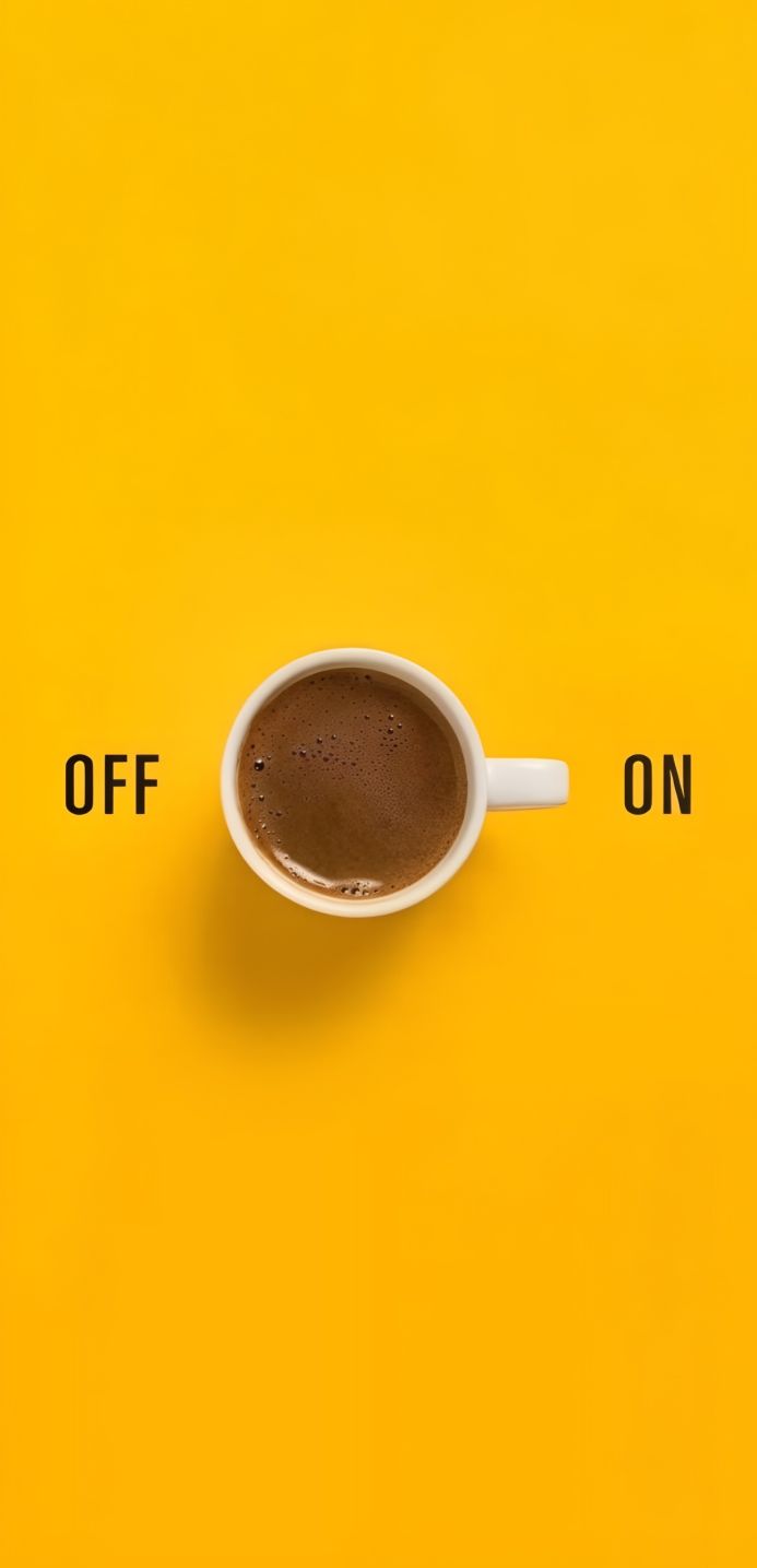 A cup of coffee on a yellow background with the words 'OFF' and 'ON'