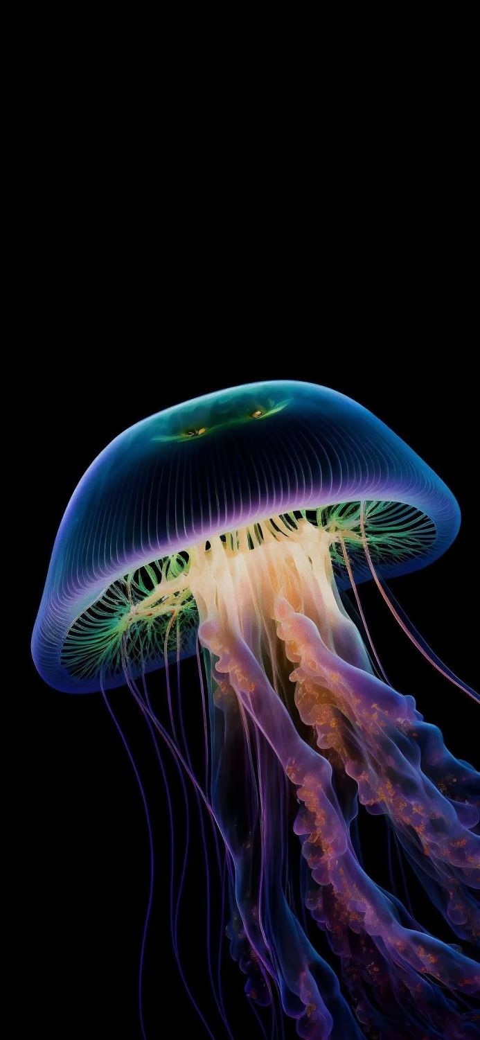 A vibrant jellyfish with blue, purple, and gold hues floats against a black background