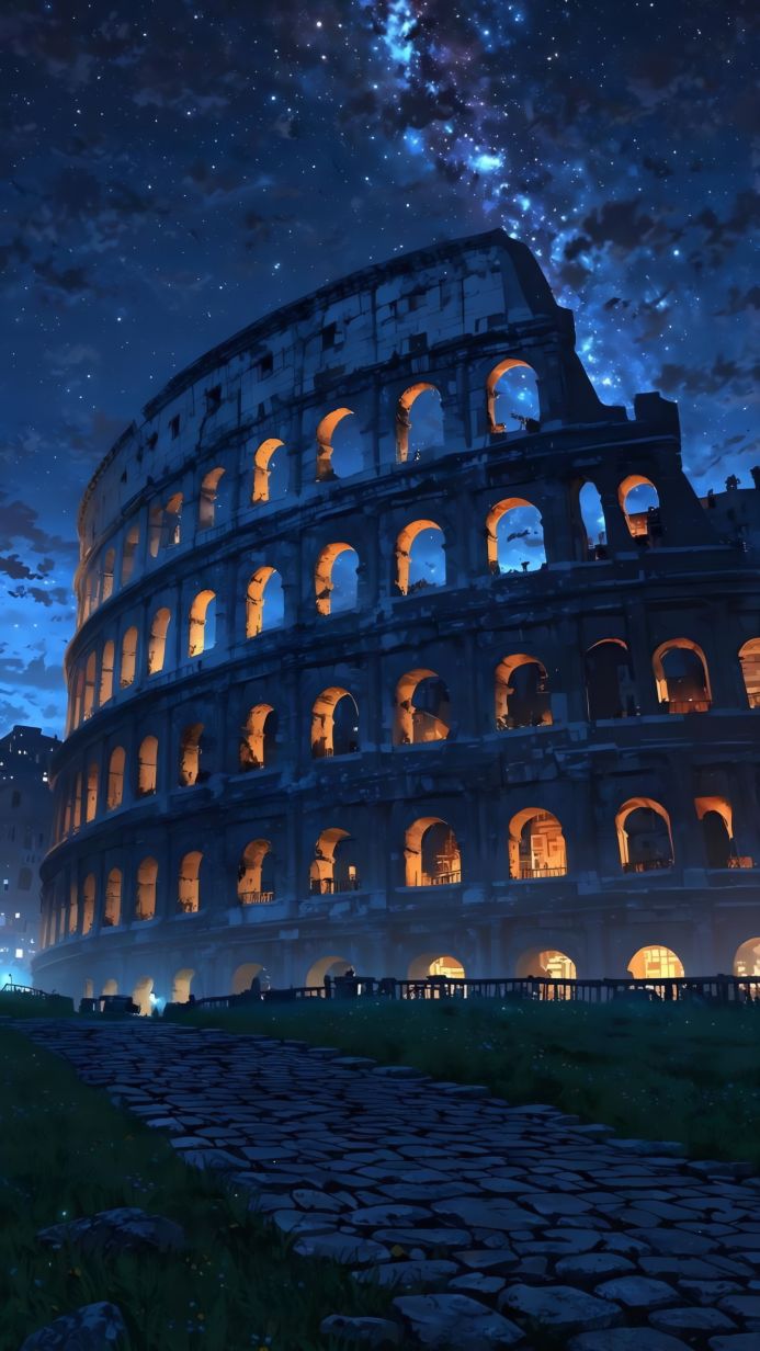 The Colosseum at night with a starry sky in the background