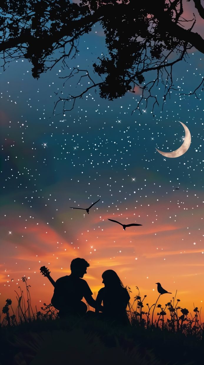 Silhouette of a couple with a guitar under a starry sky and crescent moon