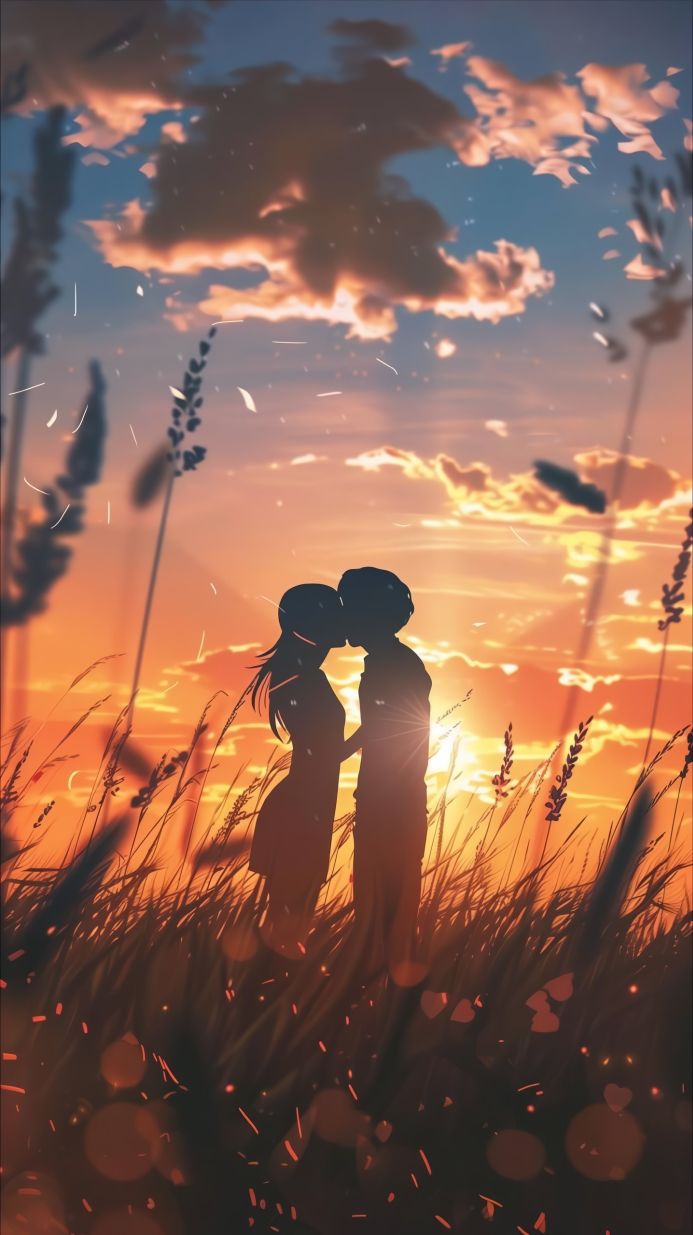 Silhouette of a couple kissing in a field at sunset