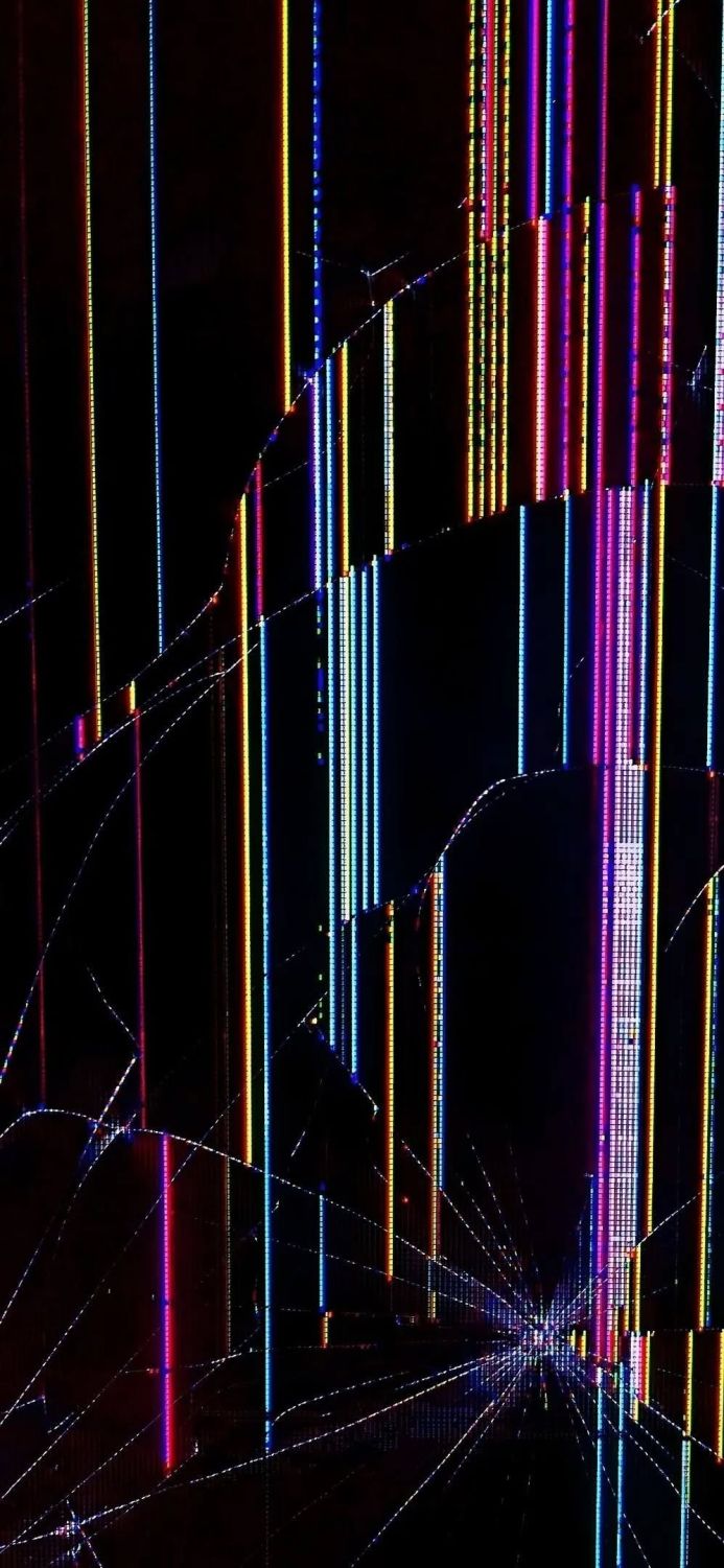 Cracked screen with colorful lines on a dark background