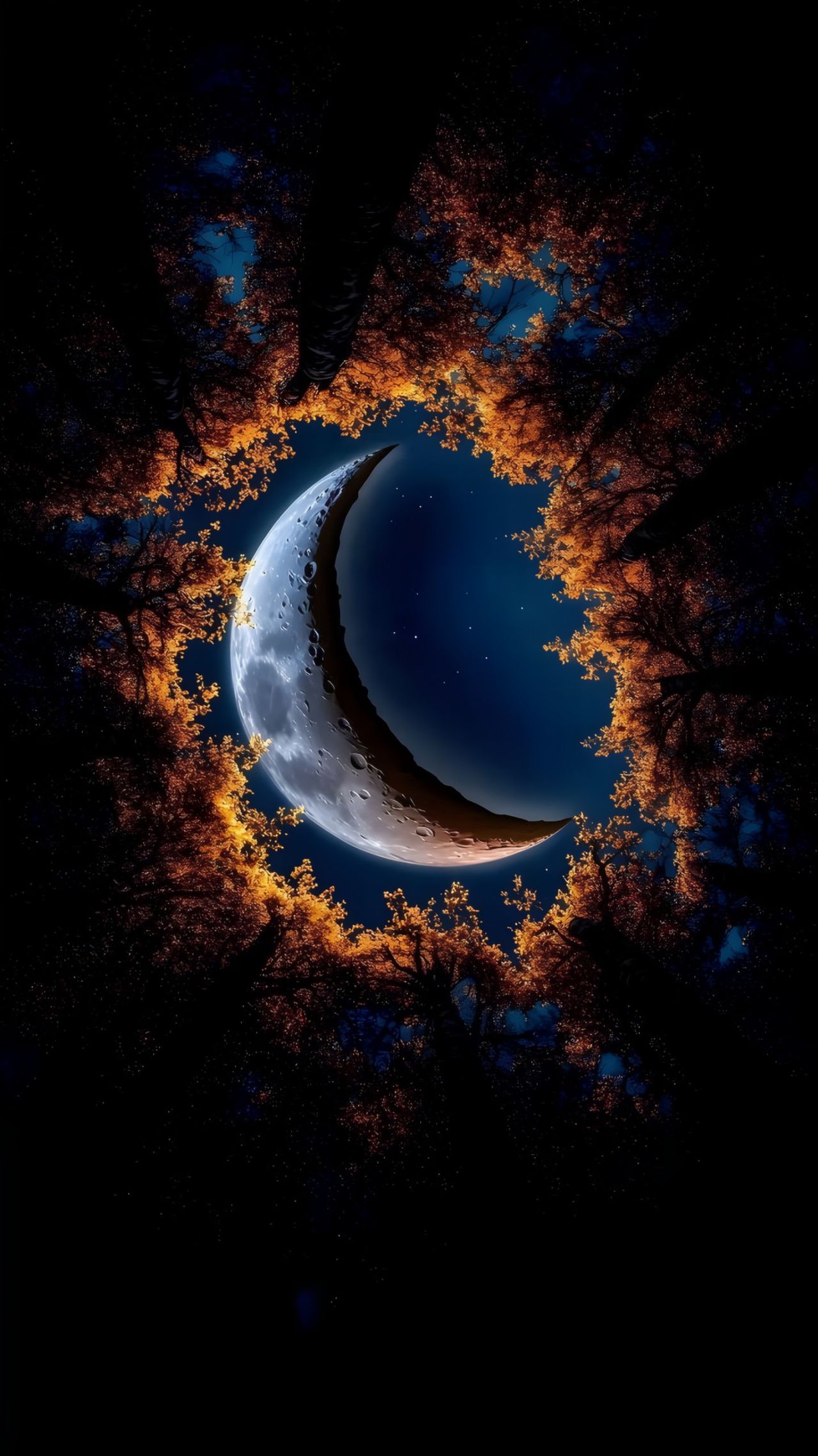 Crescent moon framed by autumn trees