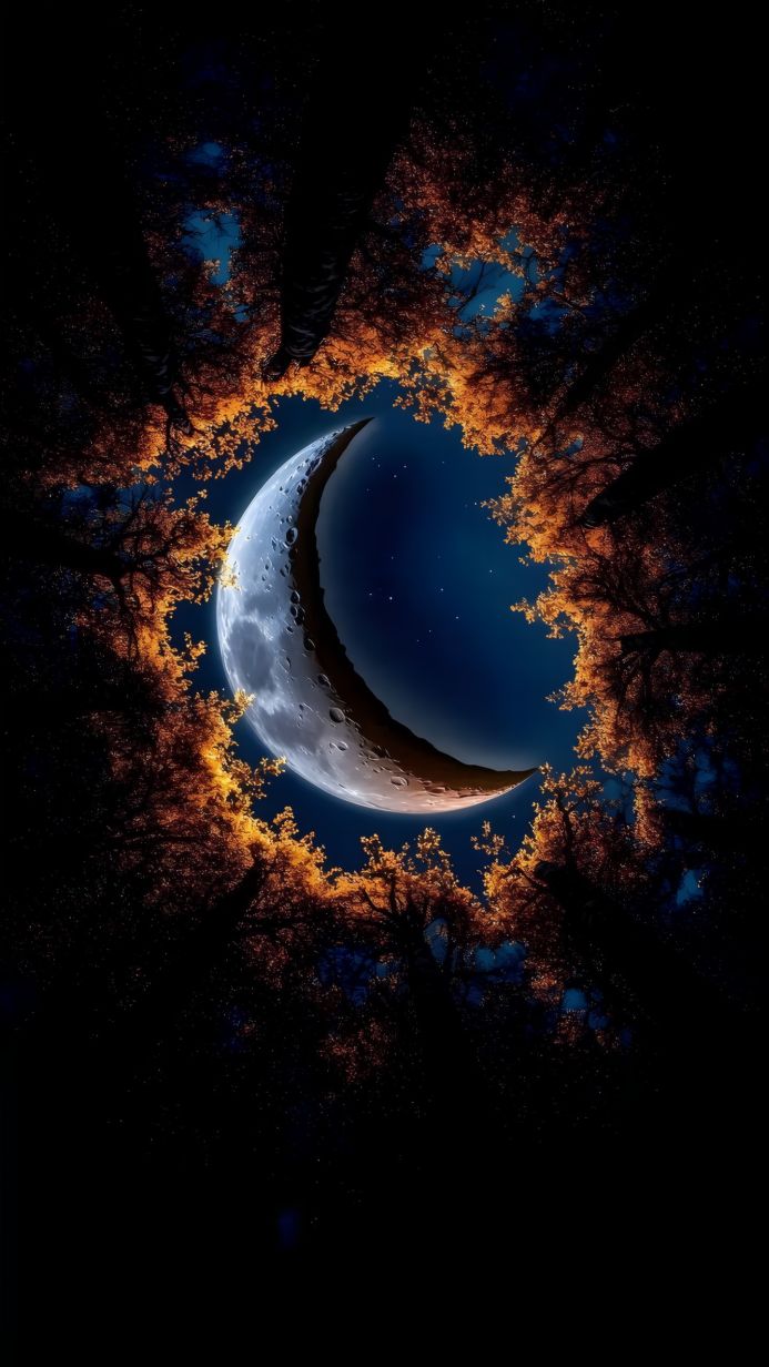 Crescent moon framed by autumn tree branches against a dark blue night sky