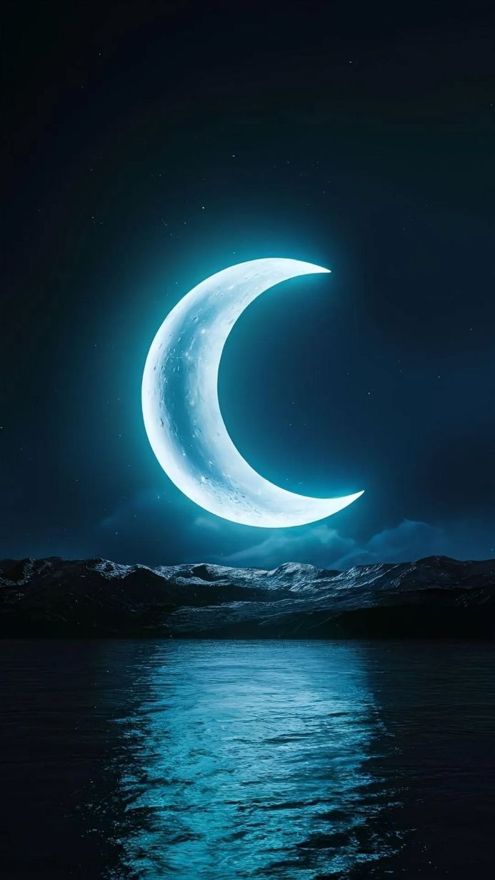 A crescent moon over water reflects its light on the water in the night