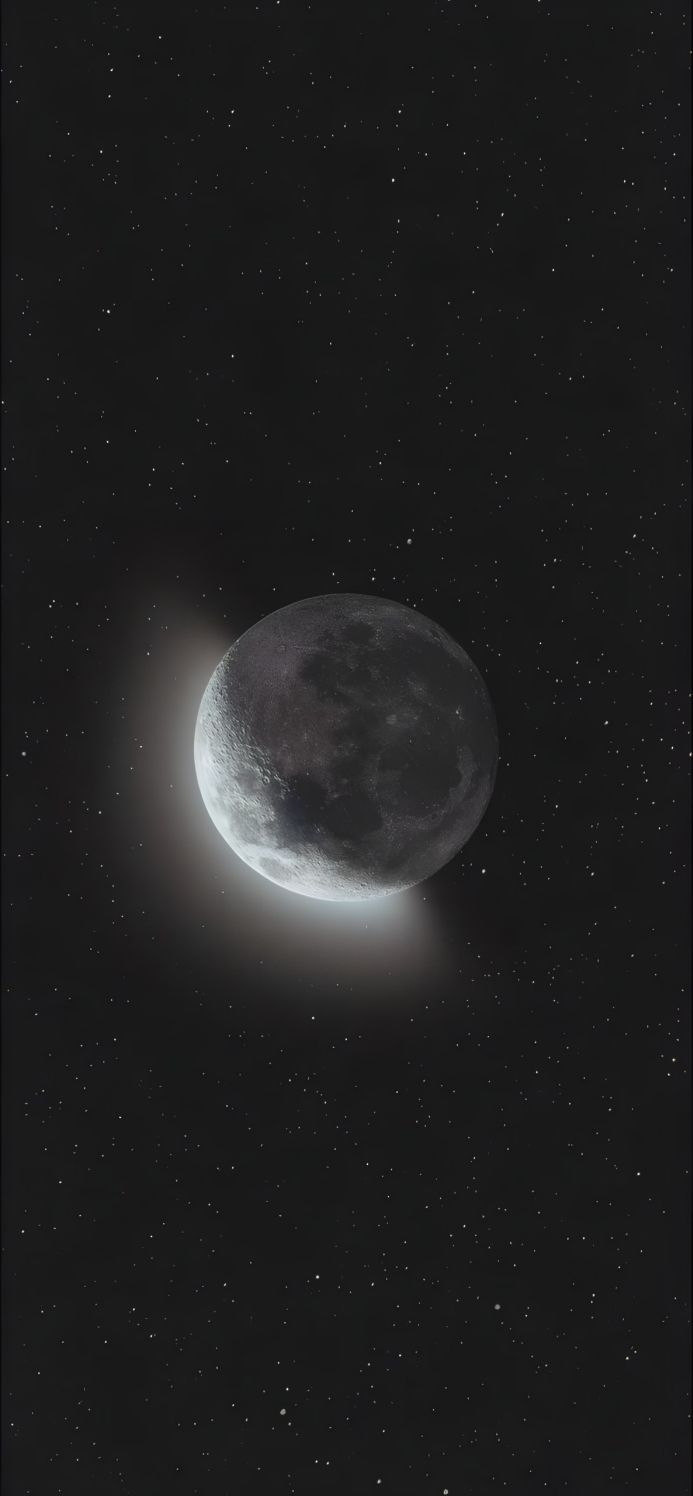 A crescent moon with bright light in a night sky full of stars