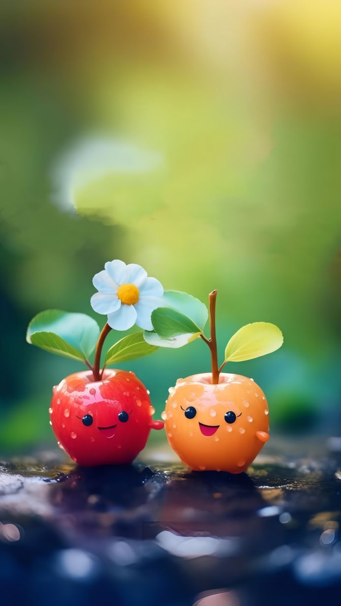 Two cute apple characters, red and orange, standing together with a daisy flower