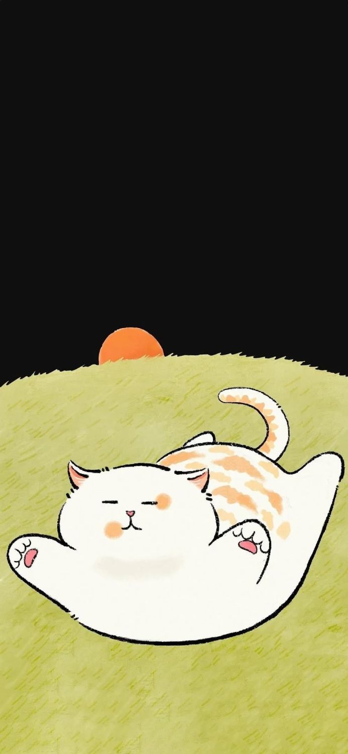 A cute cat lying on a green field with a rising sun in the background