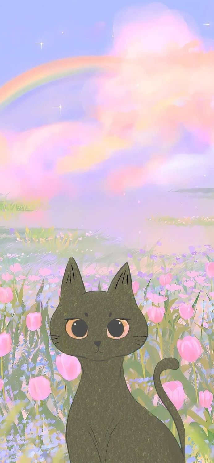 Illustration of a cute cat sitting in a field of pink tulips under a rainbow