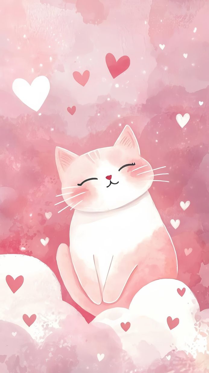 Cute cat illustration with hearts on a pink background