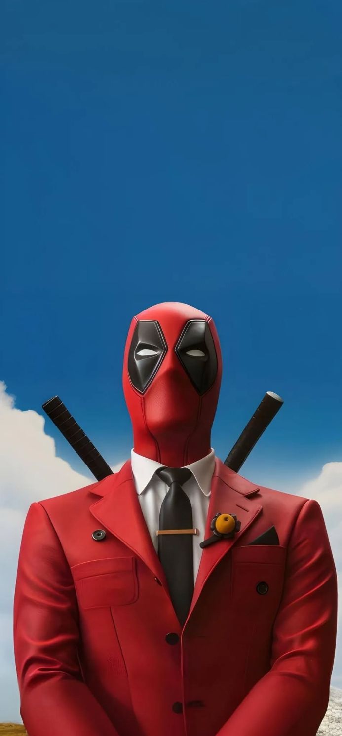 Deadpool in a red suit with katanas against a blue sky