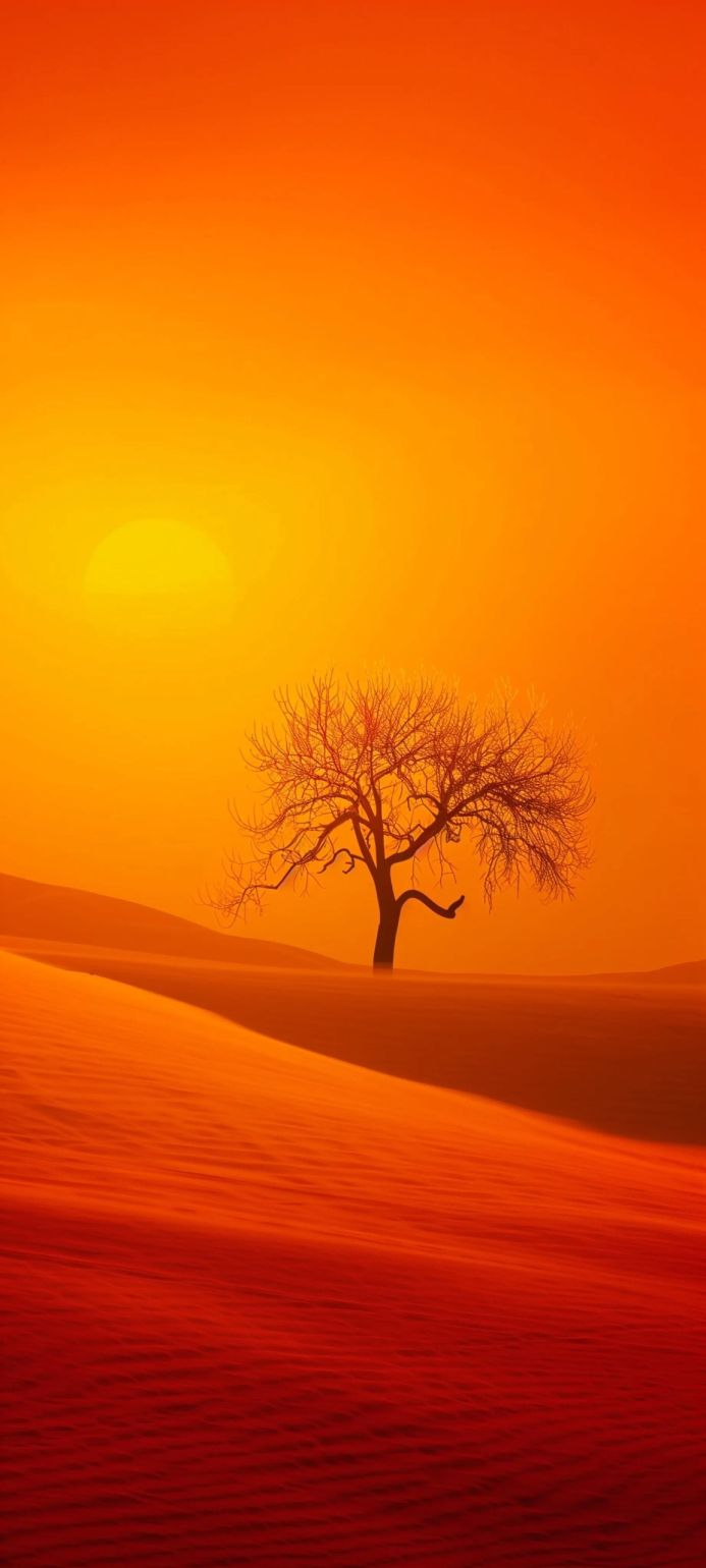 A lone tree in a desert landscape at sunset with a warm orange and red color palette