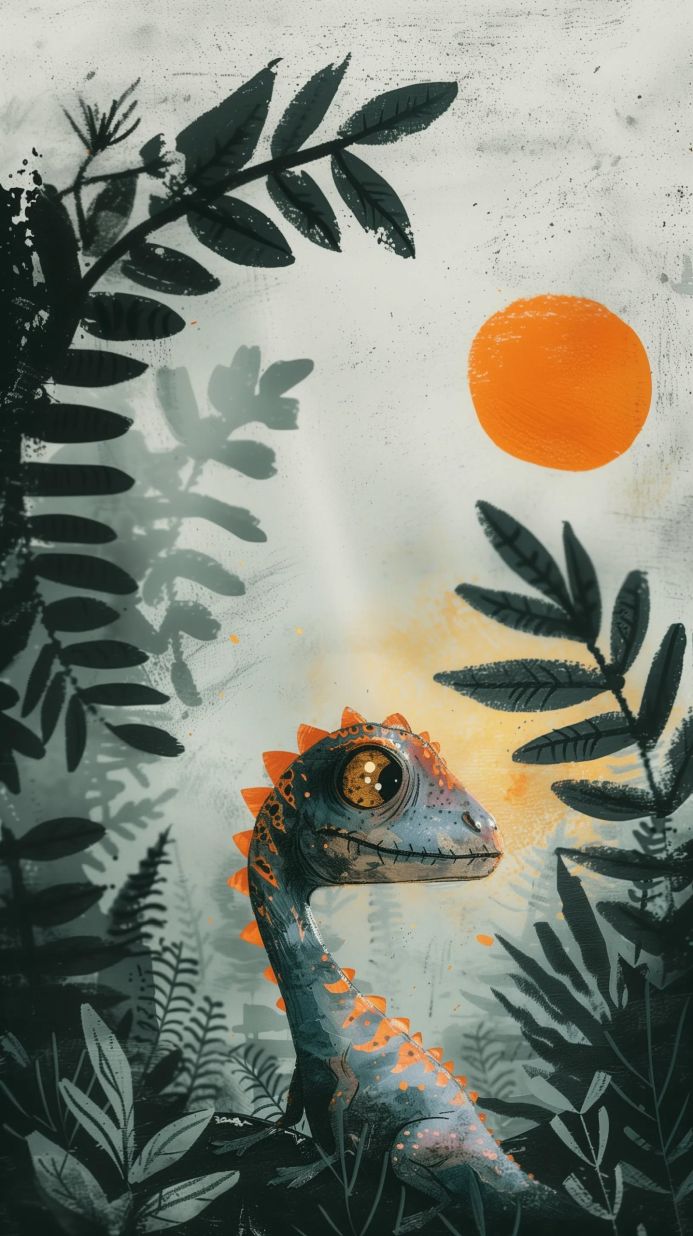 Illustration of a blue and orange dinosaur in a jungle setting with a large orange sun