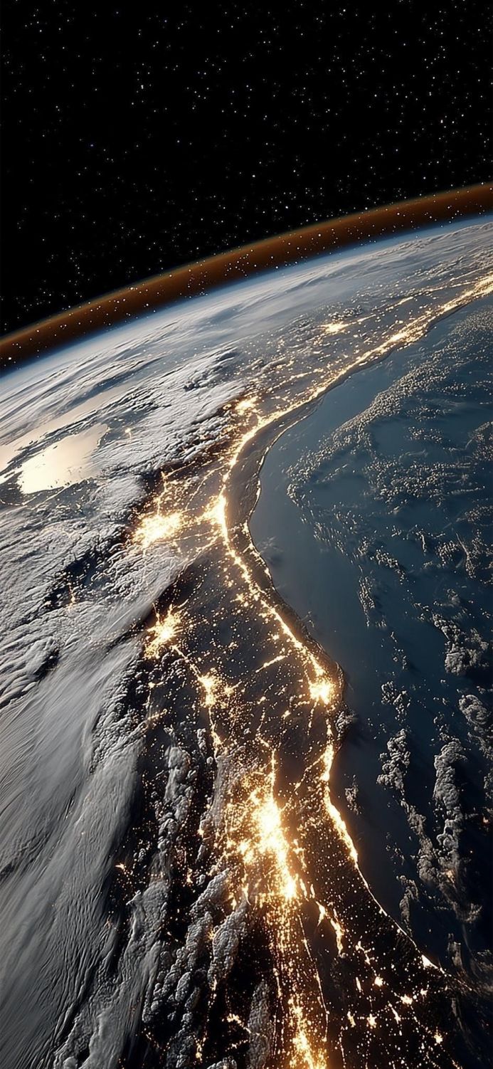 Night view of city lights on Earth from space, with clouds and stars visible