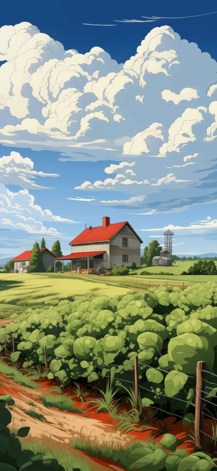 Farmhouse in a field with cloudy blue sky