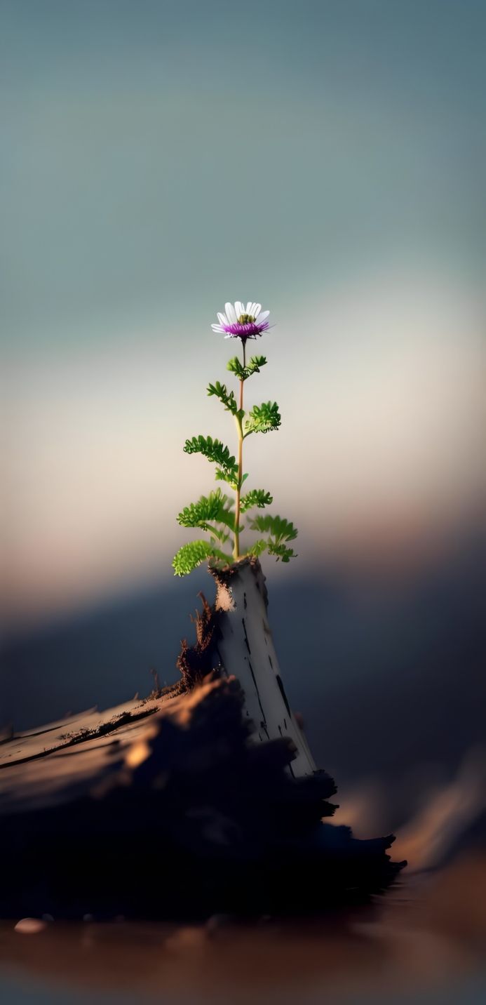 A single flower growing on a dead tree branch, symbolizing resilience and new life