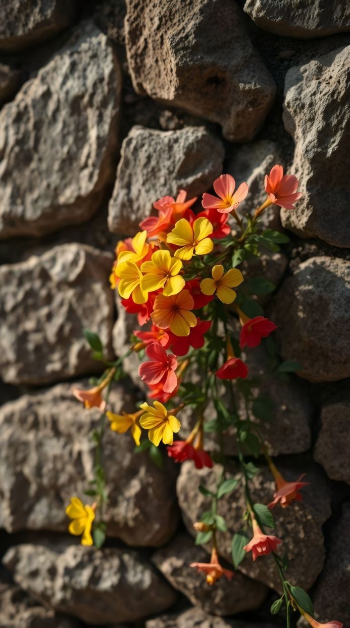 Yellow and red flowers growing on a stone wall