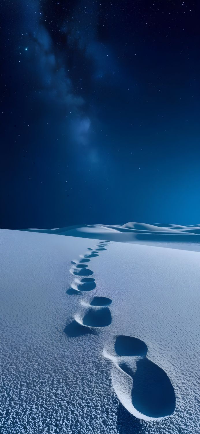 Footprints in white sand under a starry blue night sky