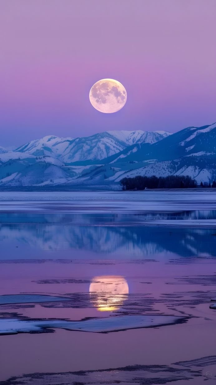 Full moon over snowy mountains reflecting in a frozen lake