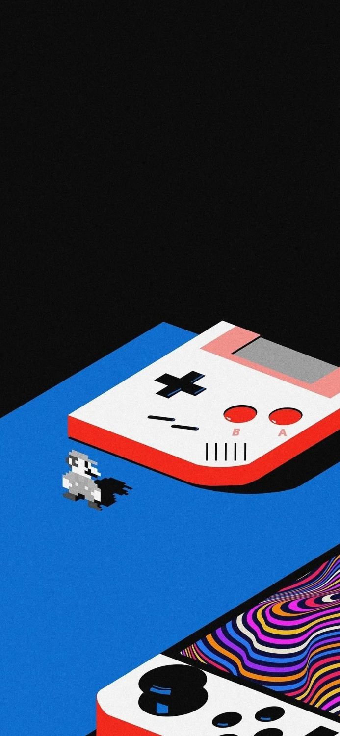 Isometric view of a Game Boy with Mario, pixel art, nostalgic, retro gaming