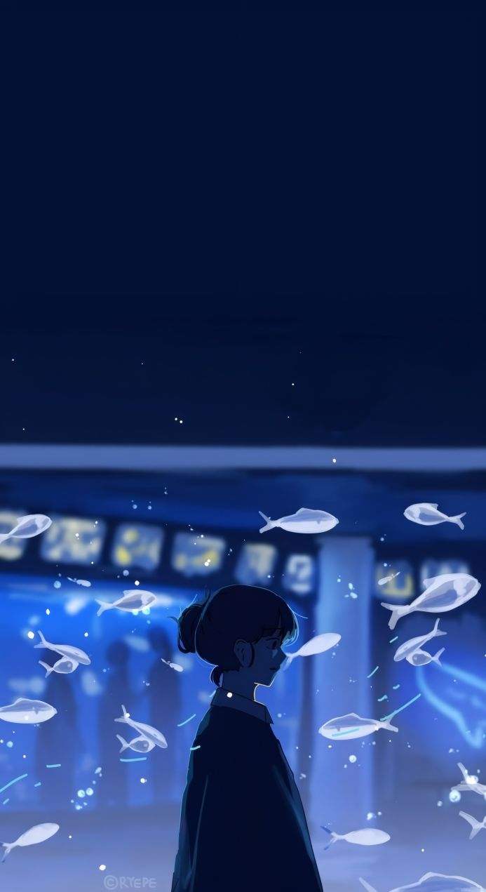 A girl is looking at aquarium with transparent fish. Illustration in blue colors