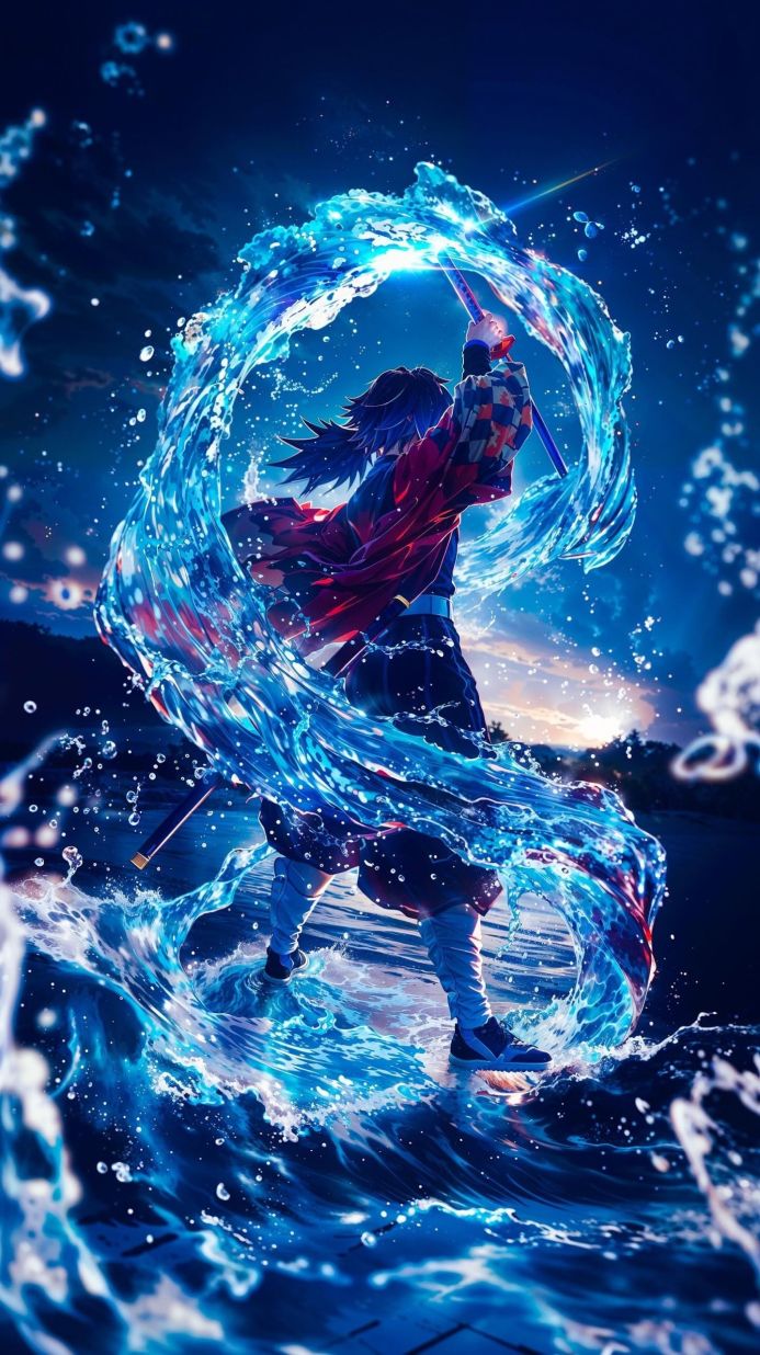 Giyu Tomioka from Demon Slayer surrounded by swirling water while wielding a sword