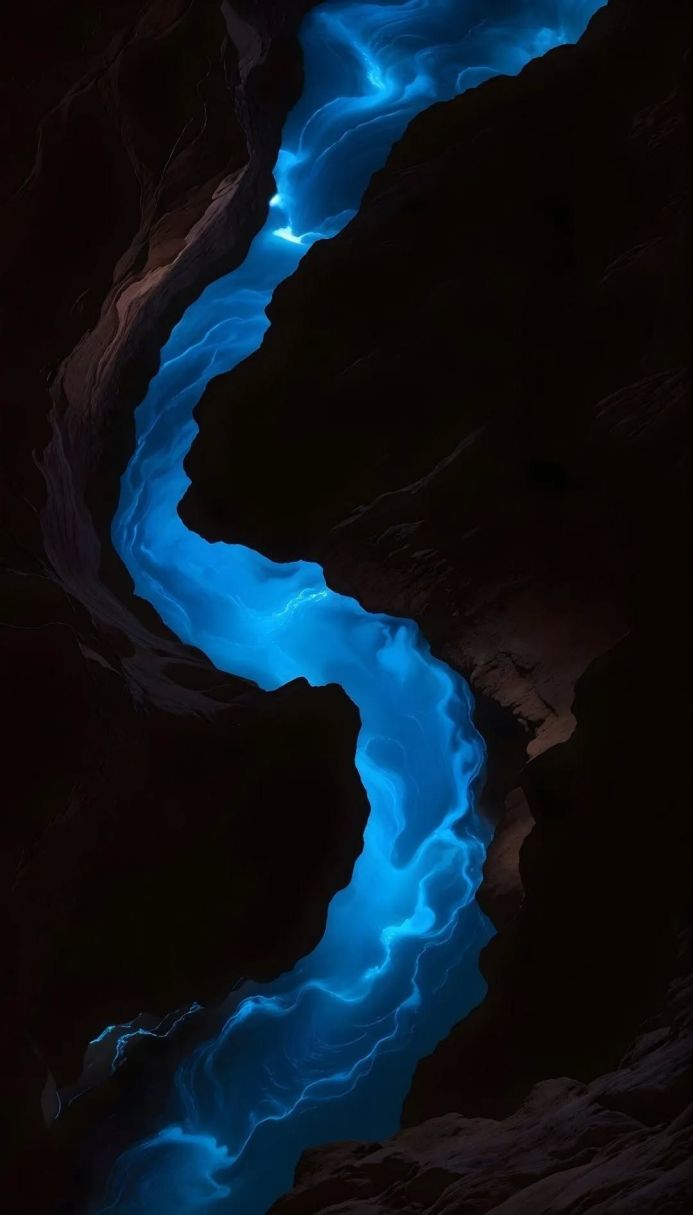 A glowing blue river winds through a dark canyon