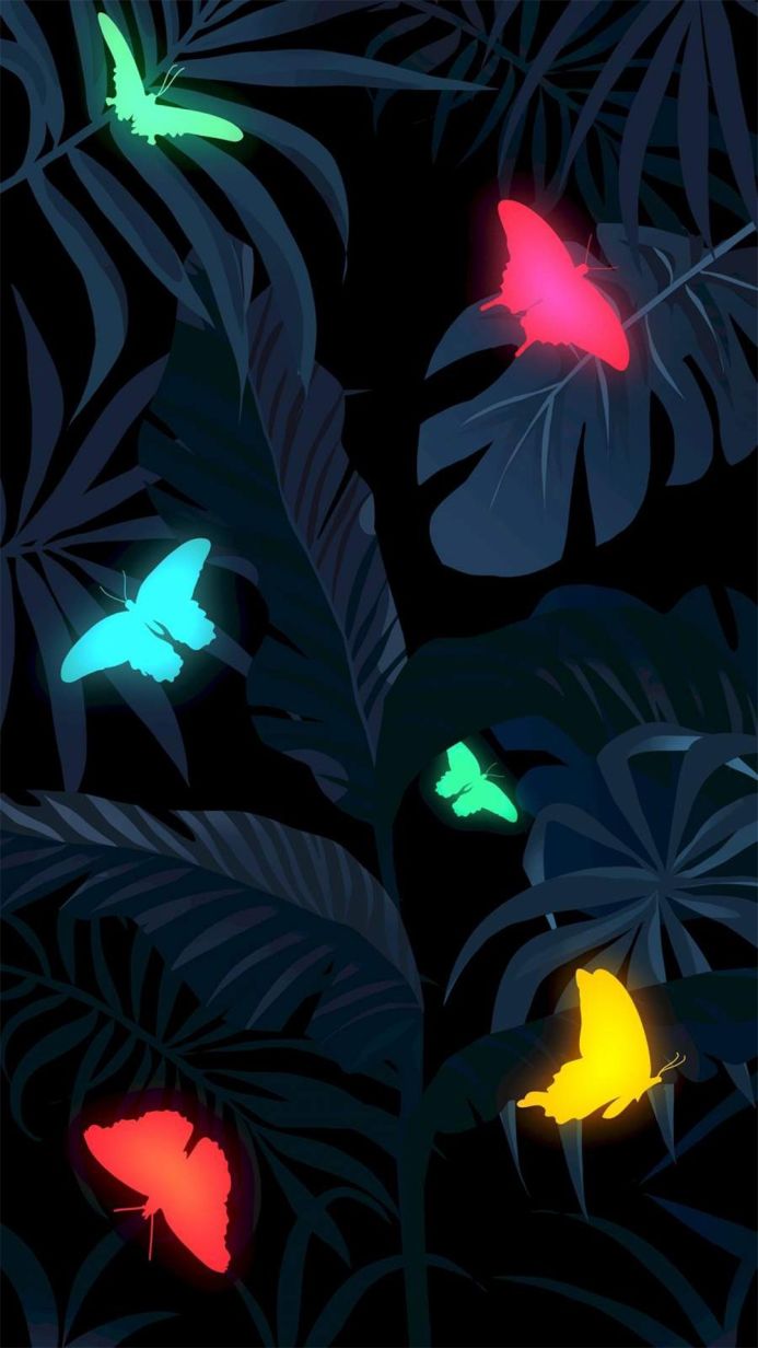 Tropical leaves with glowing butterflies in shades of green, blue, red, and yellow