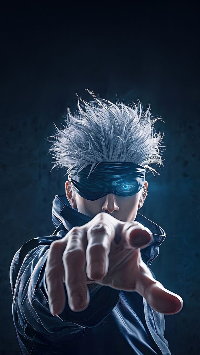 Gojo Satoru, a character from Jujutsu Kaisen, points forward with one glowing eye visible