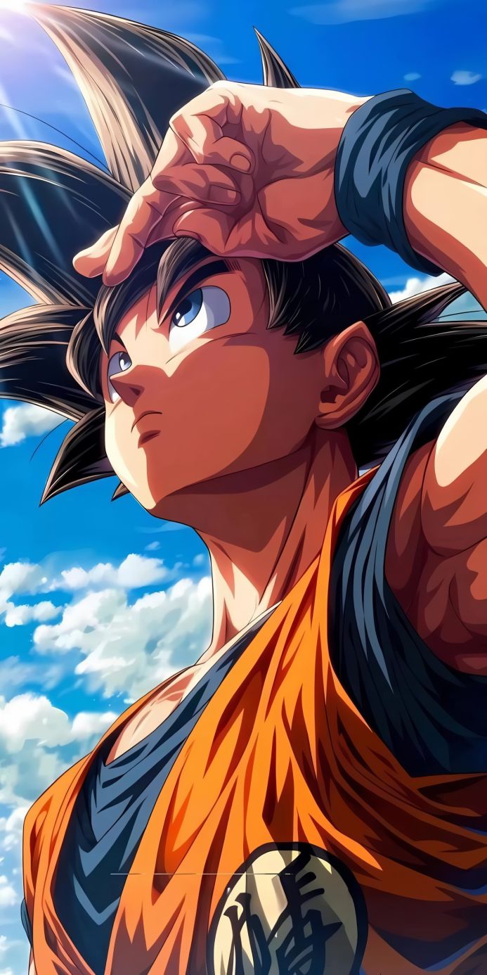 Goku from Dragon Ball looking up at the sky with his hand shielding his eyes
