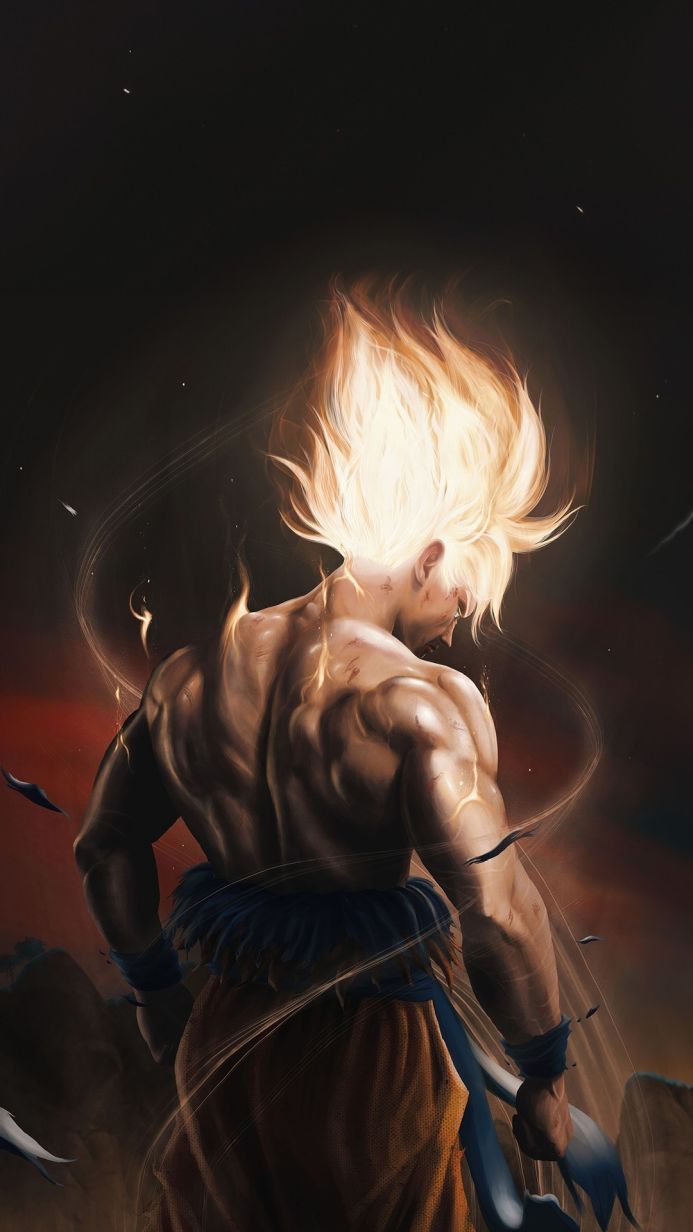 Goku from Dragon Ball with his back turned, glowing hair