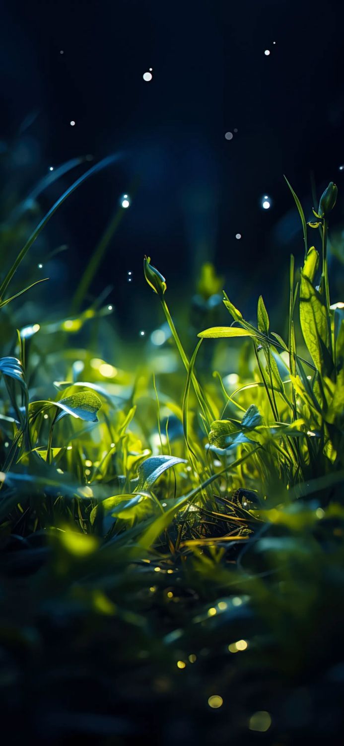 Close up of green grass with fireflies against a dark blue background