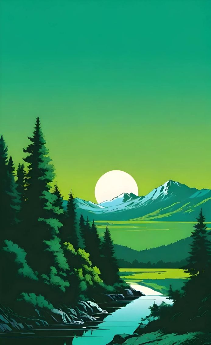 A scenic landscape with a river, trees, mountains, and the sun in shades of green and blue