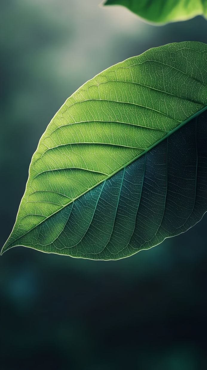 Close-up of a vibrant green leaf with detailed veins against a dark green background