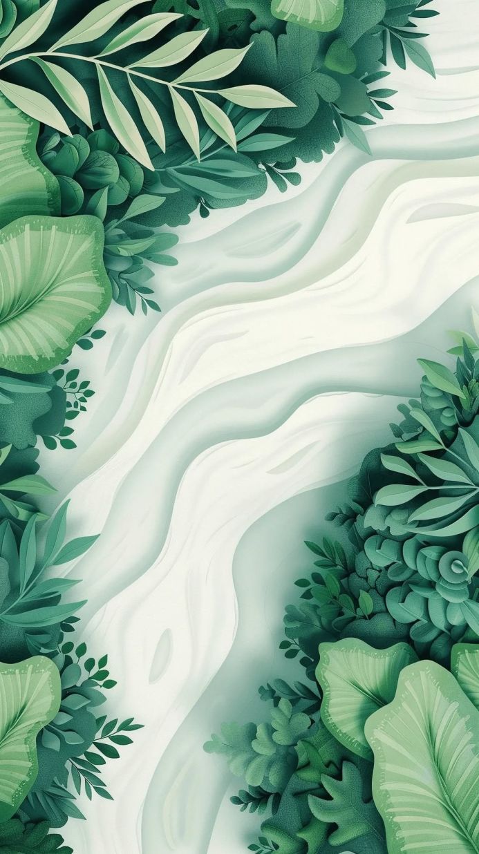 Green leaves border a white flowing pattern